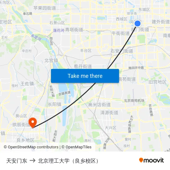 天安门东 to 北京理工大学（良乡校区） map