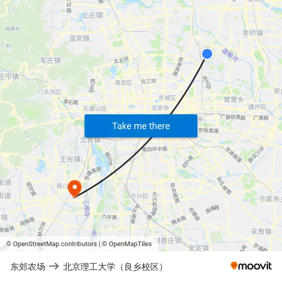 东郊农场 to 北京理工大学（良乡校区） map