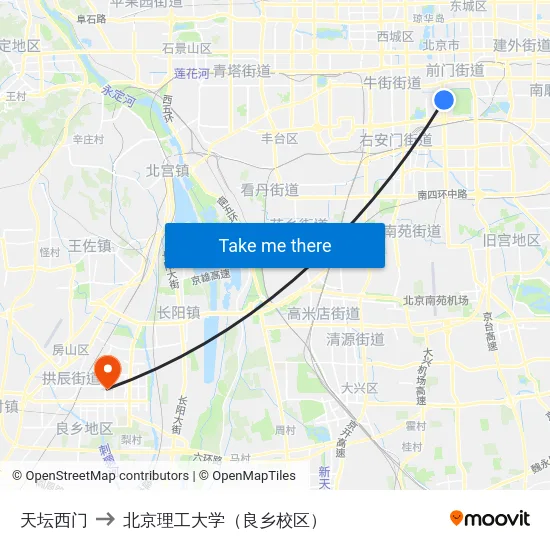 天坛西门 to 北京理工大学（良乡校区） map