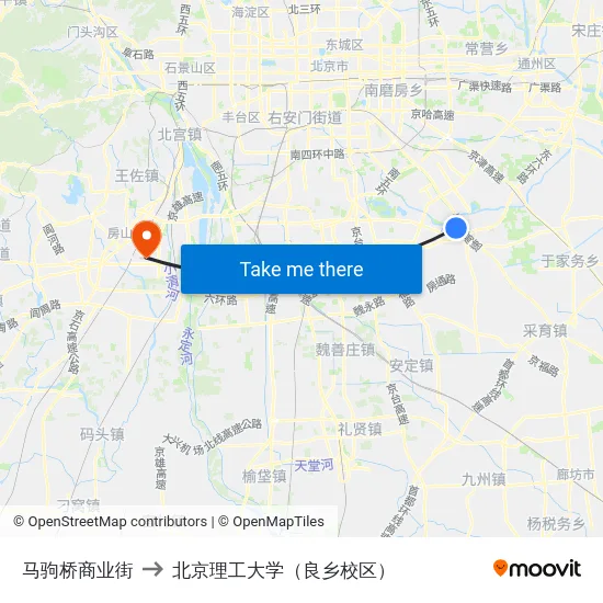 马驹桥商业街 to 北京理工大学（良乡校区） map