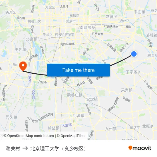 潞关村 to 北京理工大学（良乡校区） map