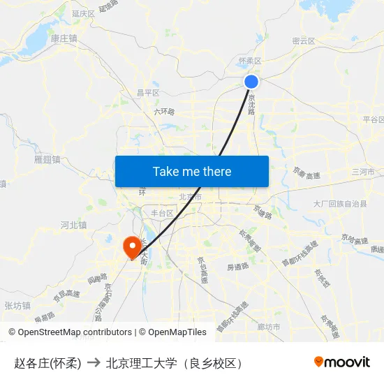赵各庄(怀柔) to 北京理工大学（良乡校区） map