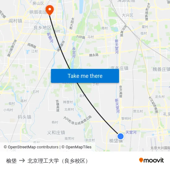 榆垡 to 北京理工大学（良乡校区） map