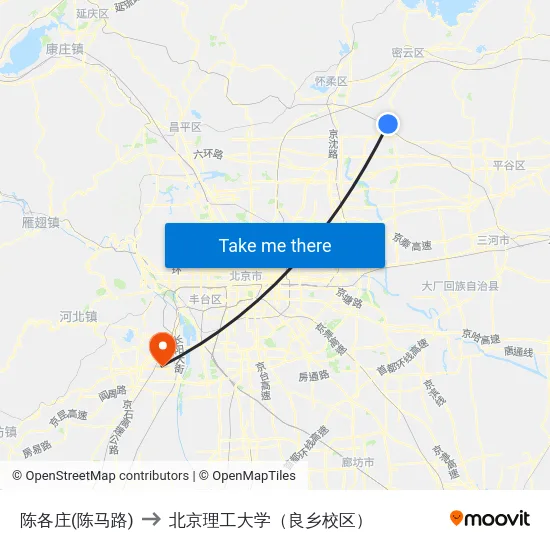 陈各庄(陈马路) to 北京理工大学（良乡校区） map
