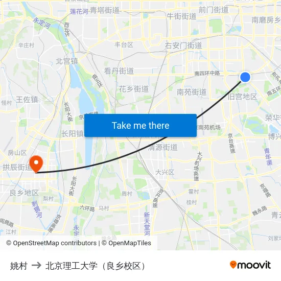 姚村 to 北京理工大学（良乡校区） map