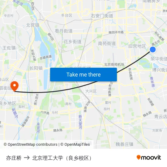 亦庄桥 to 北京理工大学（良乡校区） map