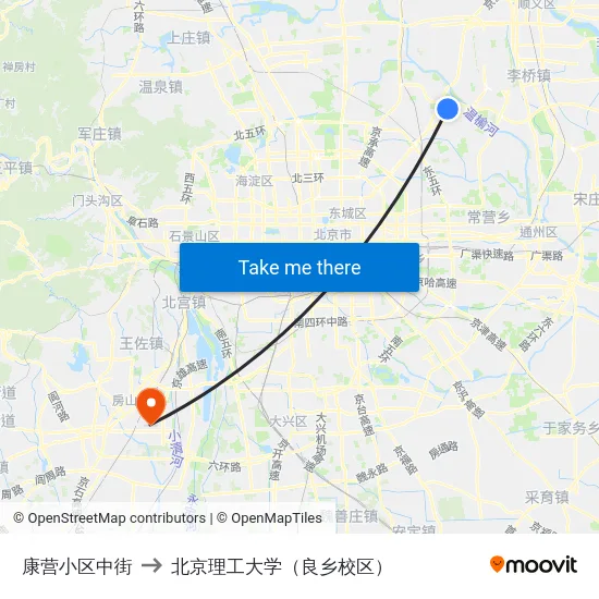 康营小区中街 to 北京理工大学（良乡校区） map