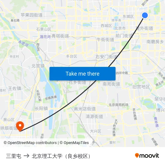 三里屯 to 北京理工大学（良乡校区） map