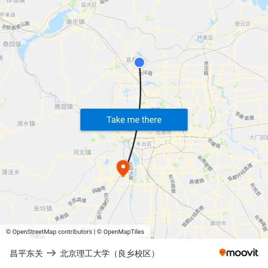 昌平东关 to 北京理工大学（良乡校区） map