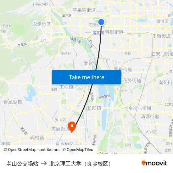 老山公交场站 to 北京理工大学（良乡校区） map
