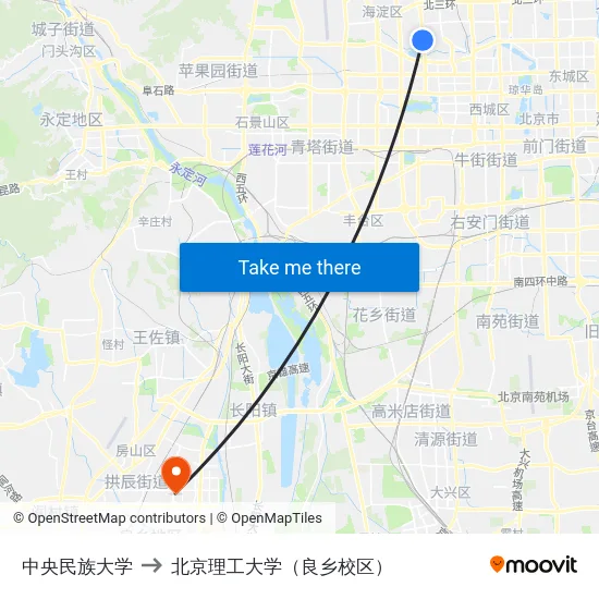 中央民族大学 to 北京理工大学（良乡校区） map