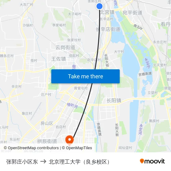 张郭庄小区东 to 北京理工大学（良乡校区） map