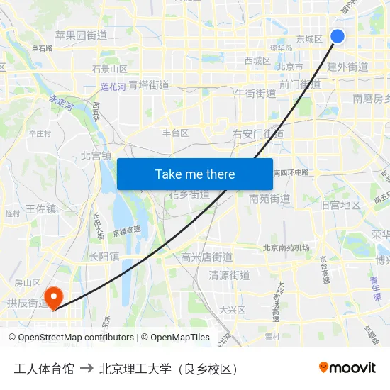 工人体育馆 to 北京理工大学（良乡校区） map