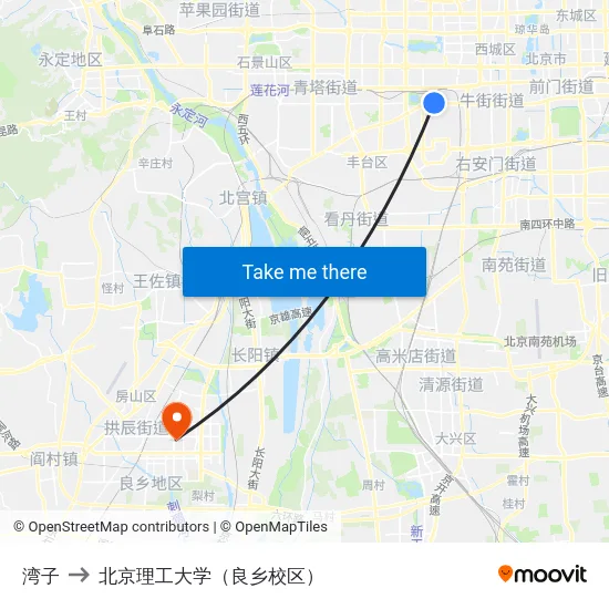 湾子 to 北京理工大学（良乡校区） map