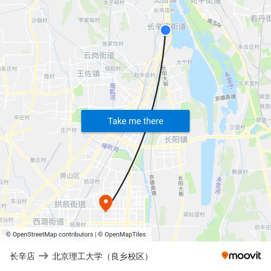 长辛店 to 北京理工大学（良乡校区） map