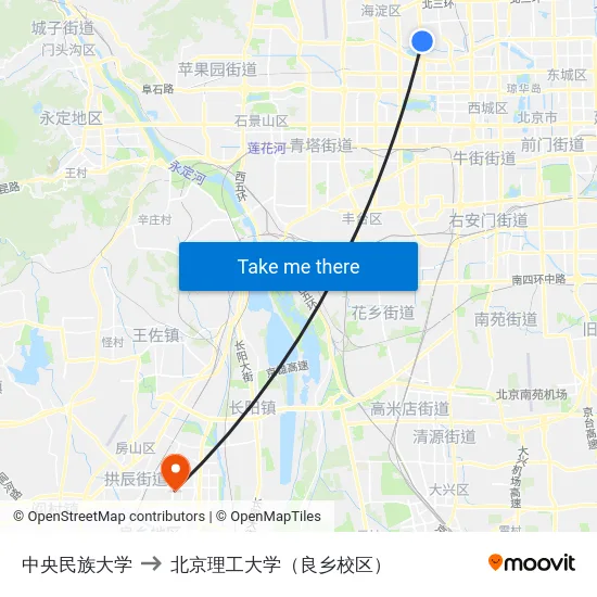 中央民族大学 to 北京理工大学（良乡校区） map