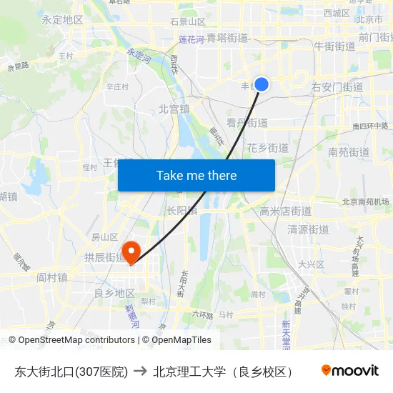 东大街北口(307医院) to 北京理工大学（良乡校区） map