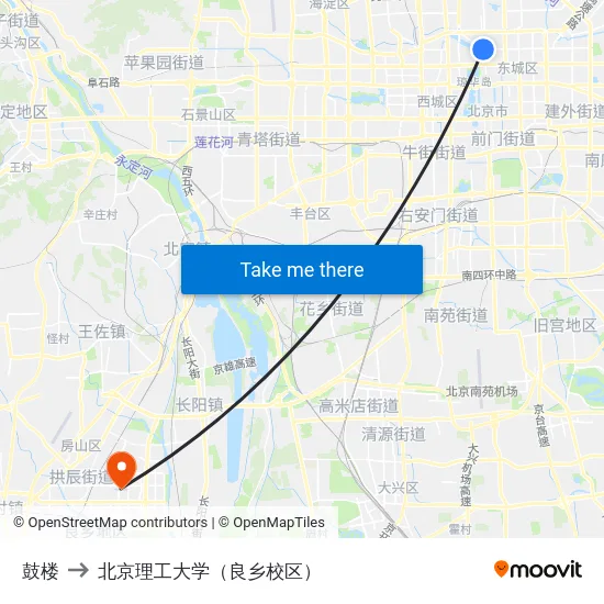 鼓楼 to 北京理工大学（良乡校区） map