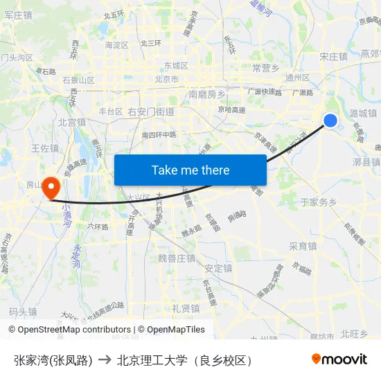 张家湾(张凤路) to 北京理工大学（良乡校区） map