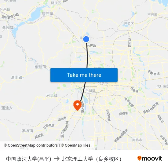 中国政法大学(昌平) to 北京理工大学（良乡校区） map