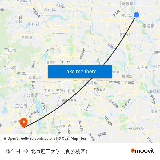 俸伯村 to 北京理工大学（良乡校区） map