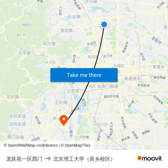 龙跃苑一区西门 to 北京理工大学（良乡校区） map