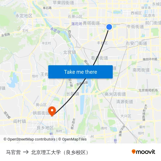 马官营 to 北京理工大学（良乡校区） map