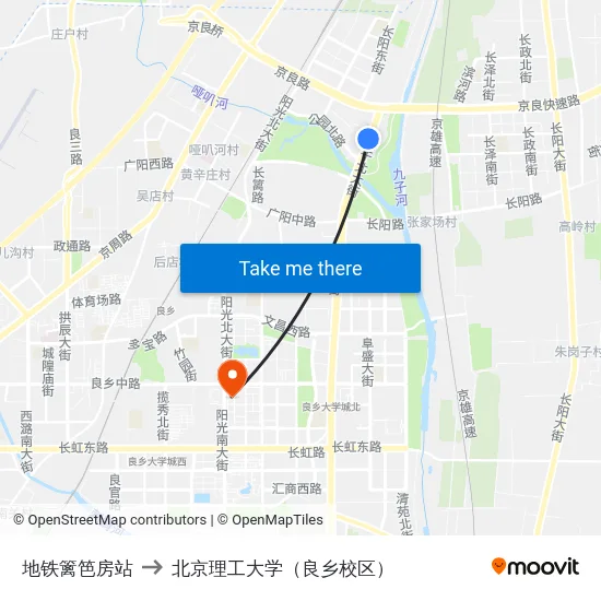 地铁篱笆房站 to 北京理工大学（良乡校区） map