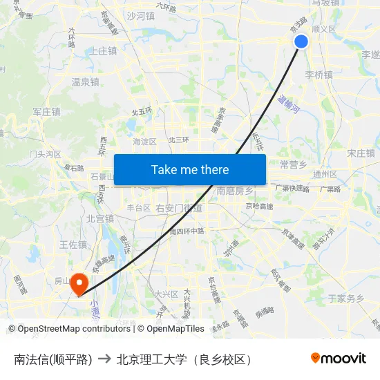南法信(顺平路) to 北京理工大学（良乡校区） map
