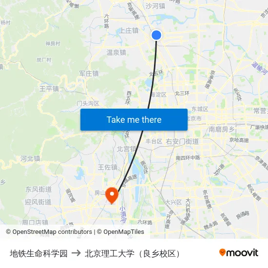 地铁生命科学园 to 北京理工大学（良乡校区） map