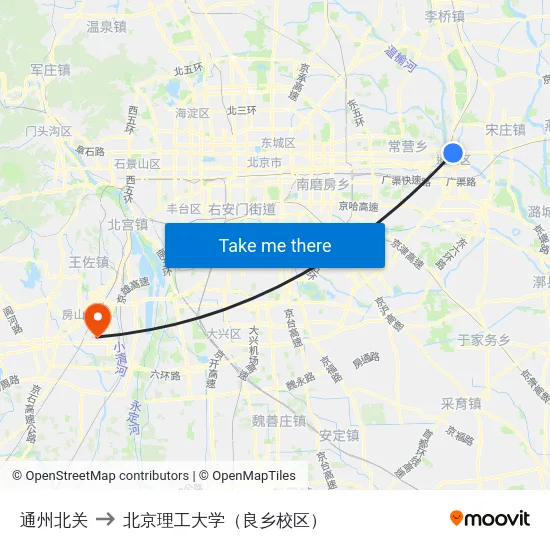 通州北关 to 北京理工大学（良乡校区） map