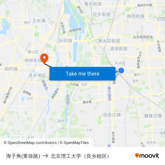 海子角(黄徐路) to 北京理工大学（良乡校区） map