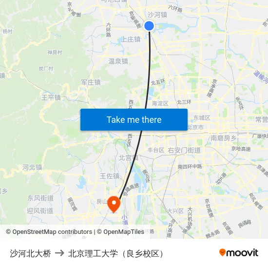 沙河北大桥 to 北京理工大学（良乡校区） map