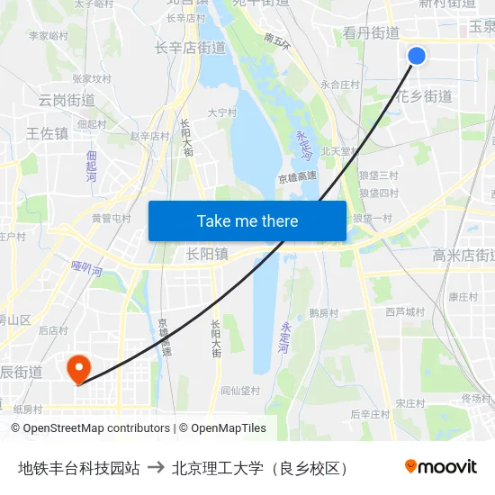 地铁丰台科技园站 to 北京理工大学（良乡校区） map