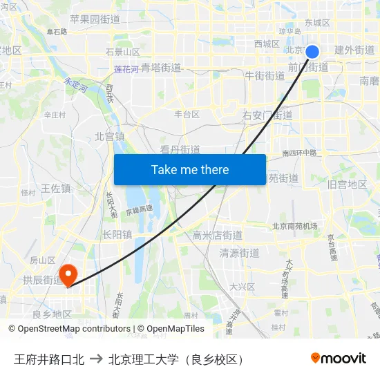 王府井路口北 to 北京理工大学（良乡校区） map