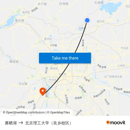 雁栖湖 to 北京理工大学（良乡校区） map