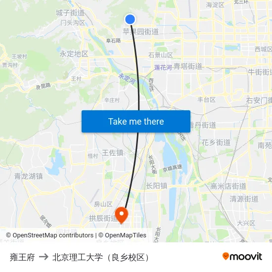 雍王府 to 北京理工大学（良乡校区） map