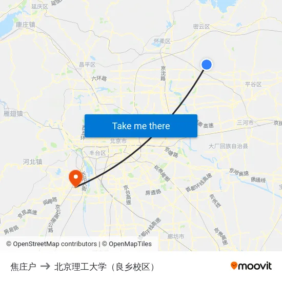 焦庄户 to 北京理工大学（良乡校区） map