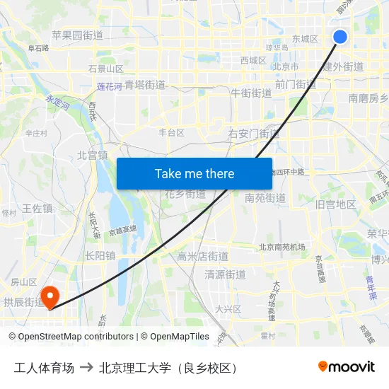 工人体育场 to 北京理工大学（良乡校区） map
