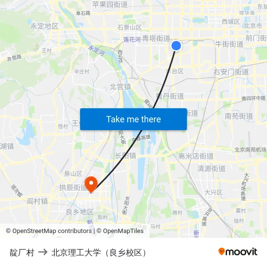 靛厂村 to 北京理工大学（良乡校区） map