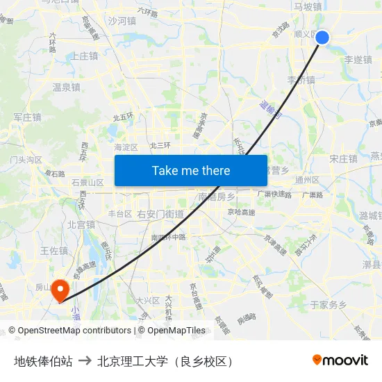 地铁俸伯站 to 北京理工大学（良乡校区） map