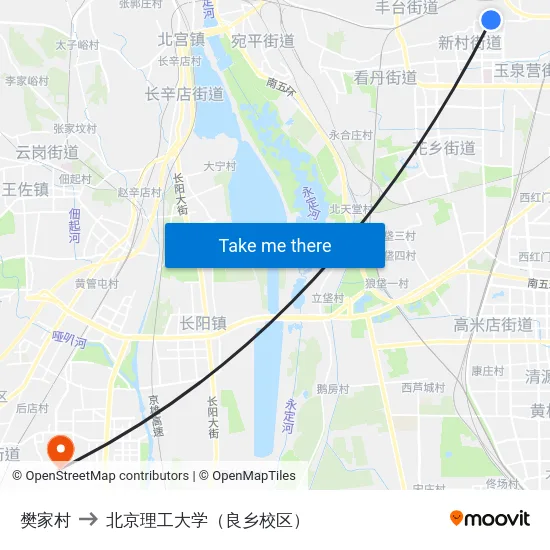 樊家村 to 北京理工大学（良乡校区） map
