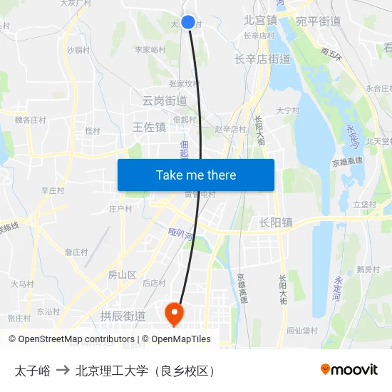 太子峪 to 北京理工大学（良乡校区） map