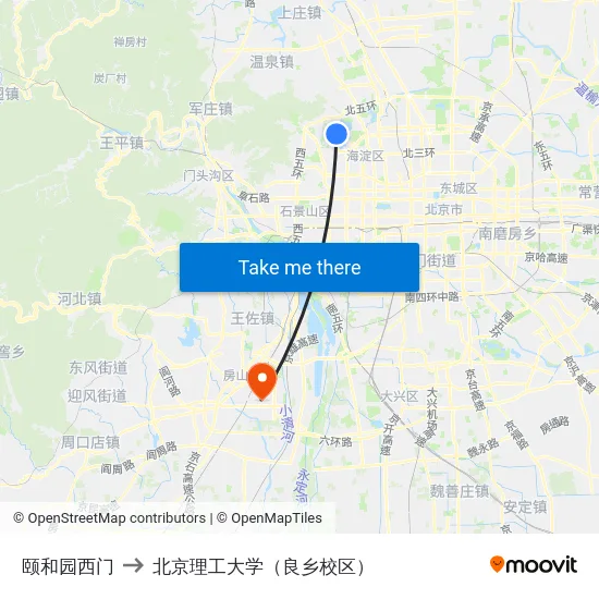 颐和园西门 to 北京理工大学（良乡校区） map
