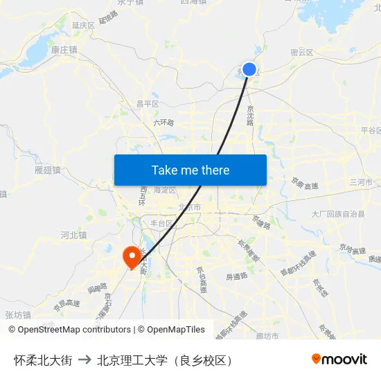 怀柔北大街 to 北京理工大学（良乡校区） map