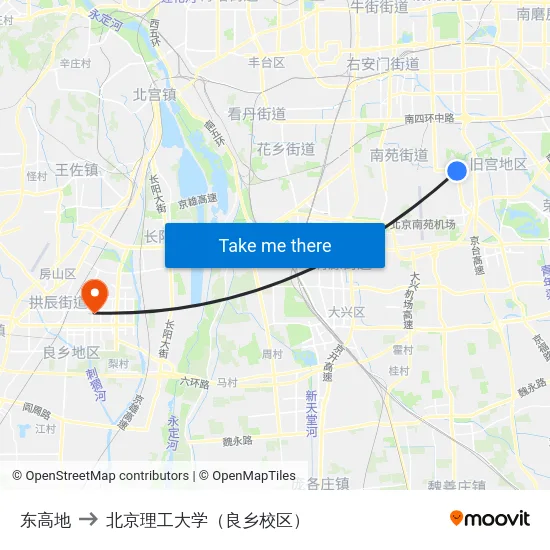 东高地 to 北京理工大学（良乡校区） map