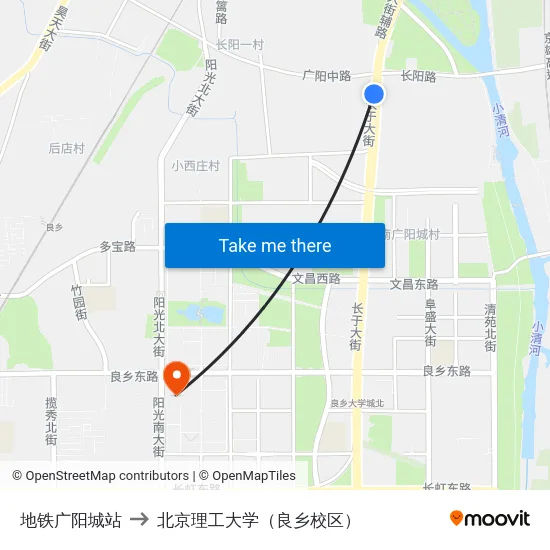 地铁广阳城站 to 北京理工大学（良乡校区） map