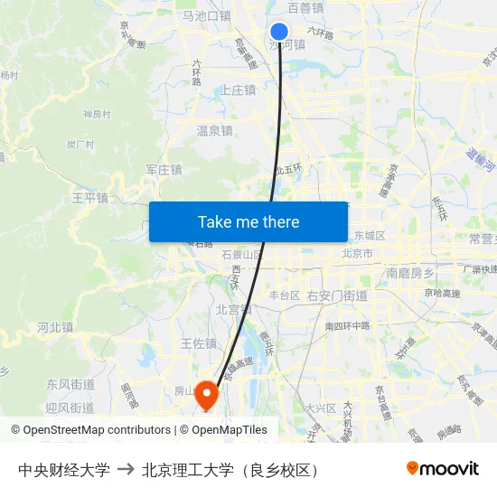 中央财经大学 to 北京理工大学（良乡校区） map