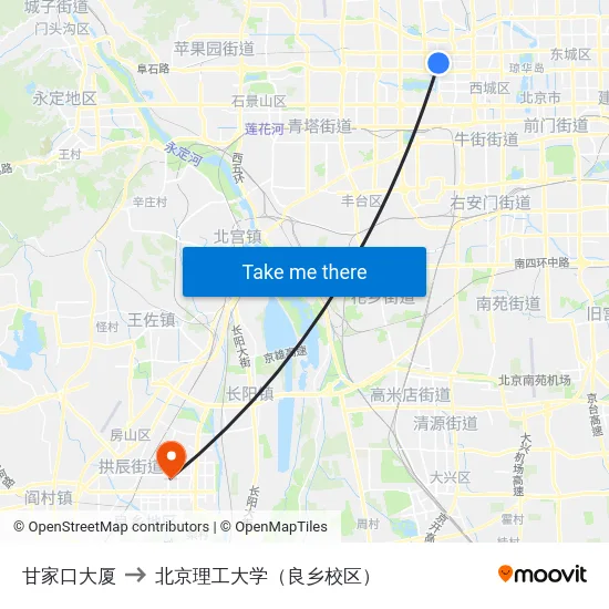 甘家口大厦 to 北京理工大学（良乡校区） map