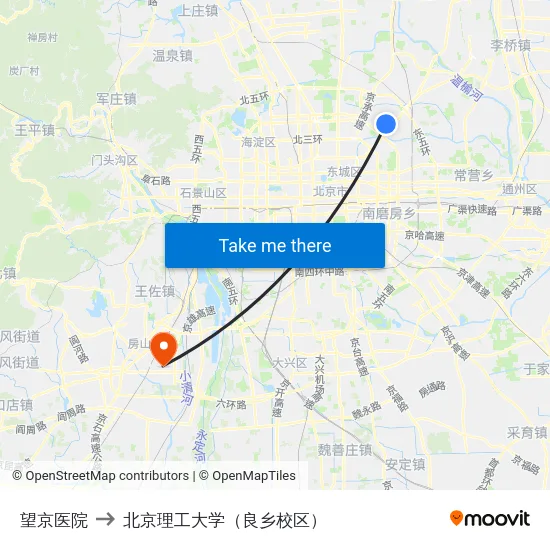 望京医院 to 北京理工大学（良乡校区） map
